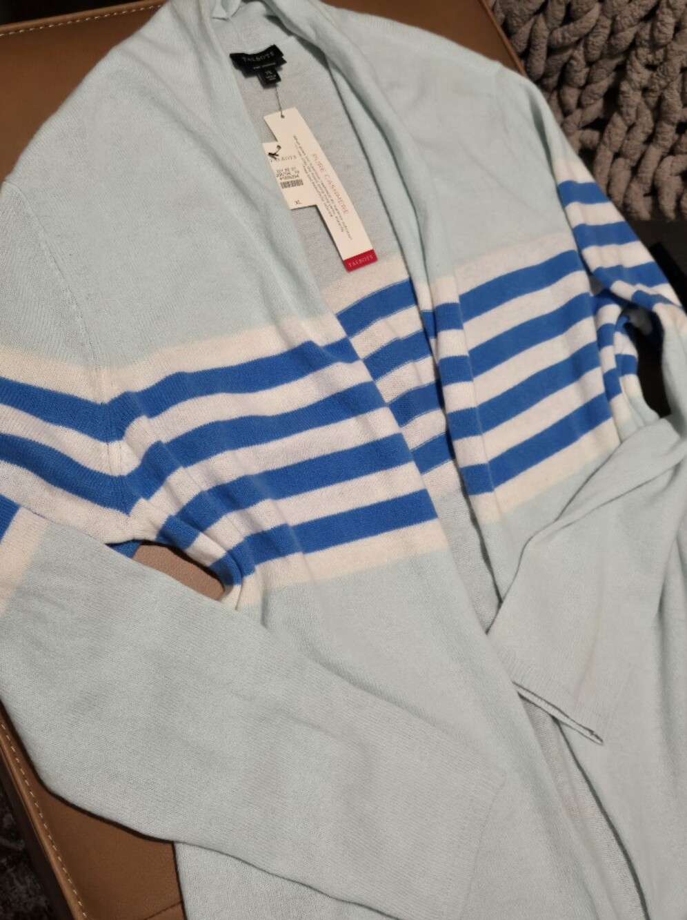Talbots Pure Cashmere Striped Open Cardigan NWT XL Blue White Coastal